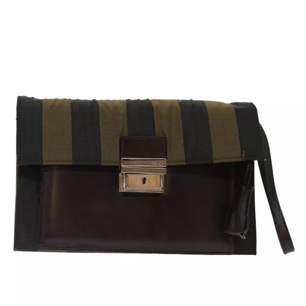 FENDI Pecan Canvas Clutch Bag Black Auth